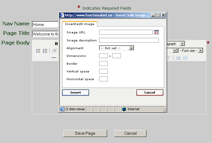 Screenshot of Editor with Insert Image Pop Up