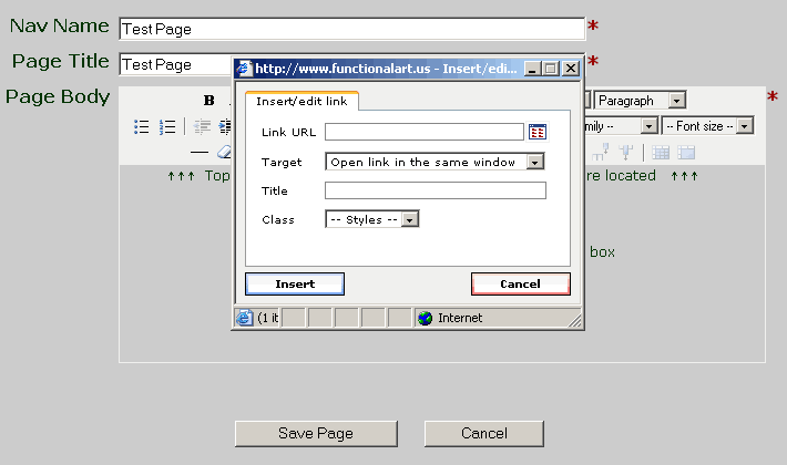 Screenshot of Editor with Link Pop Up